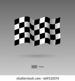 Black and white checkered Racing flag. Finish and start flag for racing car blowing in the wind. Official colors and proportion correctly. High detailed vector illustration. 3d and isometry. EPS10