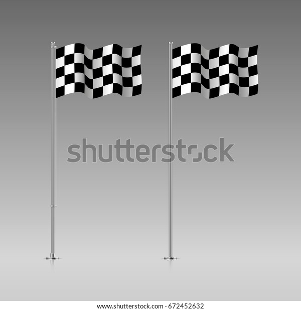 Black and white checkered Racing flag on the\
flagpole. Finish and start flag for racing car blowing in the wind.\
Official colors and proportion correctly. High detailed vector\
illustration. EPS10