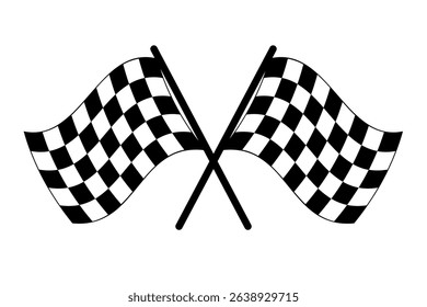 Black and white checkered racing flags crossed on white background symbolizing start or finish of a race