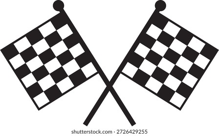 Bandeiras de corrida xadrez preto e branco cruzadas sobre fundo branco simbolizando o início ou fim de uma corrida