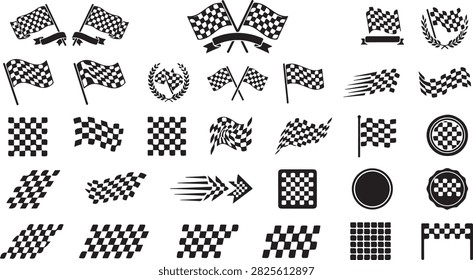 Black and white checkered racing flags and symbols isolated collection isolated on transparent background