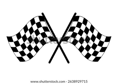 Black and white checkered racing flags crossed on white background symbolizing start or finish of a race