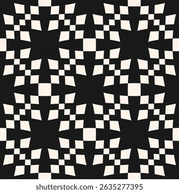 Black and white checkered seamless pattern. Stylish vector abstract ornament texture with grid, lattice, squares, floral silhouettes. Simple monochrome background. Repeated design for print, embossing