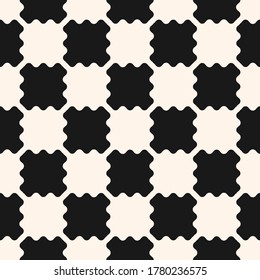 Black and white checkered texture. Vector seamless pattern with simple curved shapes in staggered array, puzzle elements. Abstract monochrome geometric background. Stylish repeat design for print