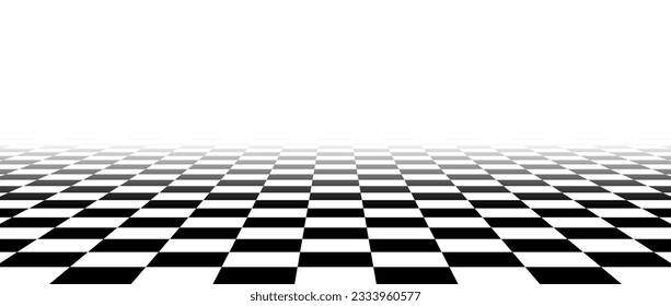 Black and white checkered tile floor fading in perspective. Abstract checkerboard texture landscape. Vanishing horizontal chessboard plane surface. Empty room background. Vector illustration