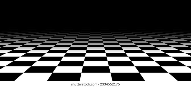 Black and white checkered tile floor fading in perspective. Abstract checkerboard texture landscape. Vanishing horizontal chessboard plane surface. Dark empty room background. Vector illustration