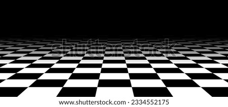 Black and white checkered tile floor fading in perspective. Abstract checkerboard texture landscape. Vanishing horizontal chessboard plane surface. Dark empty room background. Vector illustration