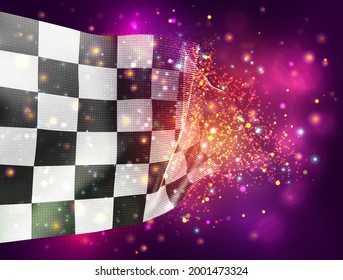 bandera 3d del vector de control negro y blanco sobre fondo púrpura rosa con iluminación y destellos