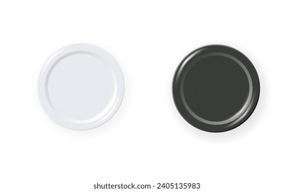 Black and white checkers chips. 3d realistic round badge with circle convex lines on surface and shadow to play on checkerboard. Vector