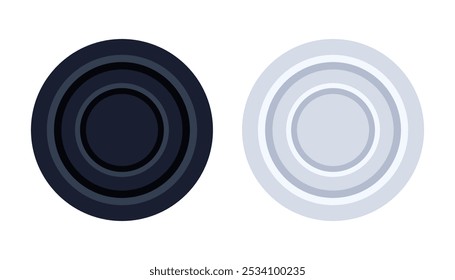 Black and white checkers chips. Round badge with circle convex lines on surface to play on checkerboard. Vector illustration