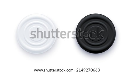 Black and white checkers chips set, top view vector illustration. 3d realistic simple round badge with circle convex lines on surface and shadow to play on checkerboard isolated on white background