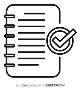 Black and white checklist icon with checkmark in vector line art style for completed tasks and efficient productivity organization and planning concept illustration