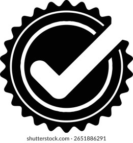 Black and white checkmark inside a circular badge with a serrated edge