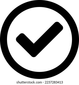 Black and White Checkmark Yes Sign Approve or Confirm or Success Round Circle Icon. Vector Image.