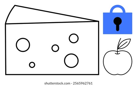Black and white cheese slice, outlined apple with leaf, and blue lock. Ideal for healthy living, simplicity, food security, nutrition, and minimalism themes. Simple modern style
