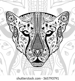 The black and white cheetah print with ethnic patterns. Coloring book for adults antistress. Art therapy, zenart, meditaion. The image on the fabric, tattoo, coloring outline, line art coloring 