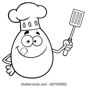 Black And White Chef Egg Cartoon Mascot Character Licking His Lips And Holding A Spatula. Vector Illustration Isolated On White Background