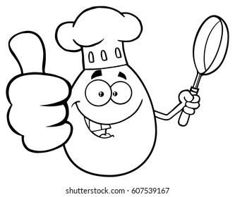 Black And White Chef Egg Cartoon Mascot Character Showing Thumbs Up And Holding A Frying Pan. Vector Illustration Isolated On White Background