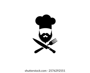 Black and White Chef Hat with Fork and Knife Icon – Restaurant Logo, Culinary Symbol, Kitchen Emblem