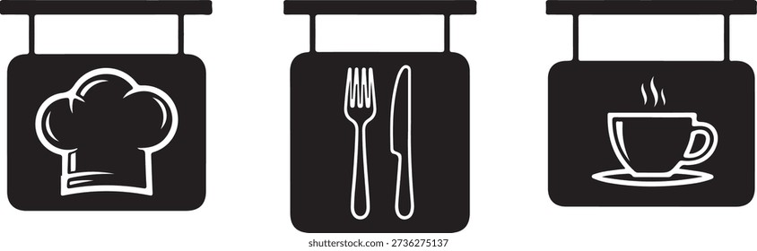 Black and white of chef hat fork knife and steaming cup