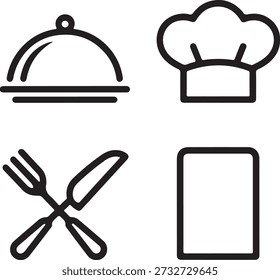 Black and white of chef hat plate utensils and menu covered plate crossed utensils