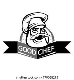 Black and white chef logo on a white background. Ribbon with the inscription Good Chef