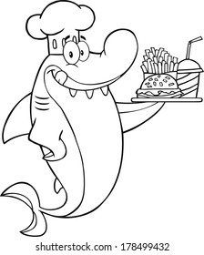 Black And White Chef Shark Holding A Plate Of Hamburger And French Fries. Vector Illustration Isolated on white