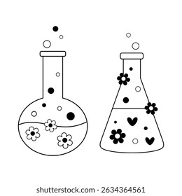 Black and white Chemistry Flask doodle, groovy school supplies, back to school, cute hand drawn vector illustration in flat style	
