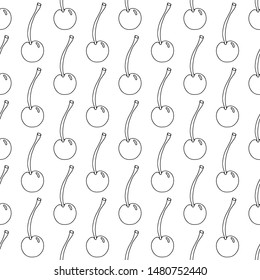 Black and white cherries on a white background. . Seamless pattern coloring book for kids and adults. Suitable for packaging, fabrics, wallpapers and simple colorings