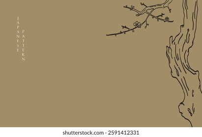 Black and white cherry blossom flower tree or sakura branch and tree elements. Japanese background with Asian traditional icon vector. Natural art with brown background in vintage style.