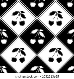 Black and white cherry tiles. Seamless vector cherry pattern.