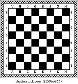 Black and white chess board background design in vector. Simple ornamental frame.