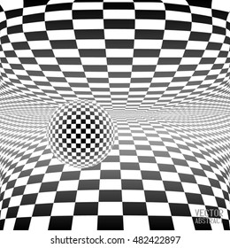 Black and White Chess Board Background Mockup. Ready Layout for Your Design. Poster Print Pattern with Ball. Vector. 3d Illustration