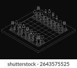 Black and white chess board with pieces in starting positions, set against a dark background for stark contrast. The wooden pieces are neatly arranged, ready for gameplay.