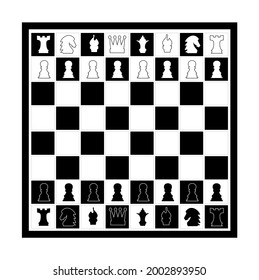 Black and white chess board with chess pieces. Chess pieces in flat style. Vector illustration