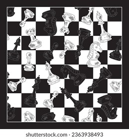 Black and white chess board and pieces pattern
