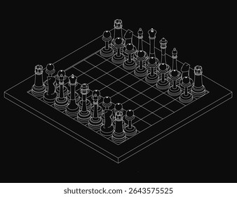 Black and white chess board with pieces in starting positions, set against a dark background for stark contrast. The wooden pieces are neatly arranged, ready for gameplay.