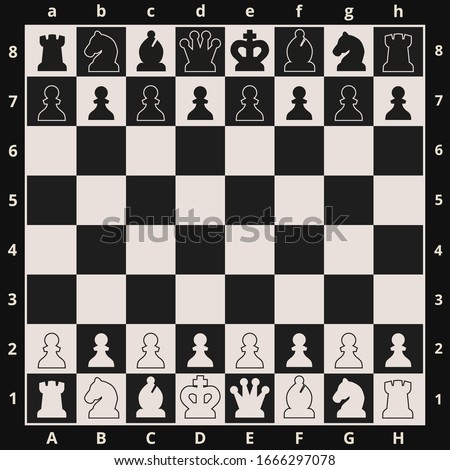 Black and white chess board and chess pieces. Chess pieces in flat style.