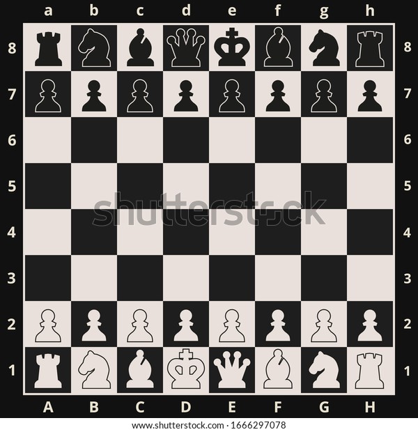 Black and white chess board and chess pieces.\
Chess pieces in flat\
style.