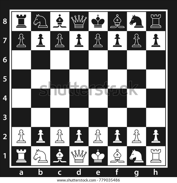 Black and white chess board\
with chess pieces. Chess pieces in flat style. Vector\
illustration