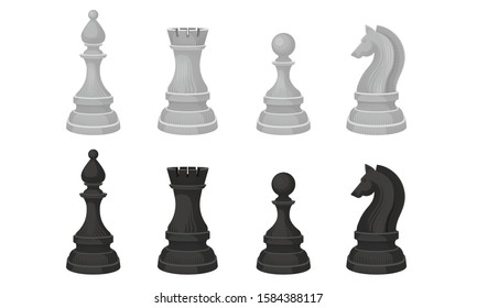 Black and White Chess Figures Collection, Chess Pieces, Queen, Knight, Bishop, Rook Vector Illustration