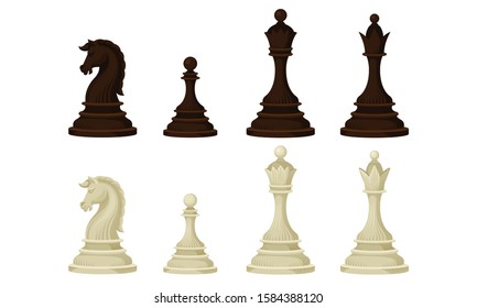 Black and White Chess Figures Collection, Chess Pieces, Queen, King, Knight, Pawn Vector Illustration