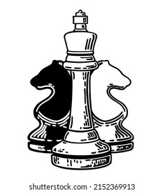 Black and white Chess figures competition sport strategy silhouette logo design. Classic badge emblem chess club, tournament logo vector icon on white background 