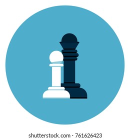 Black And White Chess Figures Icon On Blue Round Background Flat Vector Illustration