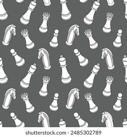 Black and white chess figures seamless pattern