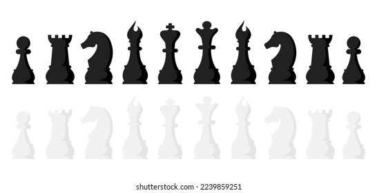 Black and white chess game pieces, figures set. Logical tactical turn-based game, chess tournament, sport game, hobby and interests, highly intellectual occupation. Vector illustration isolated.