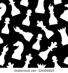 Black and white chess game pieces, figures seamless pattern. Logical tactical game, chess tournament, sport game, hobby and interests, highly intellectual occupation. Vector illustration isolated.