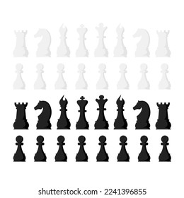 Black and white chess game pieces, figures set. Logical tactical turn-based game, chess tournament, sport game, hobby and interests, highly intellectual occupation. Vector illustration isolated.