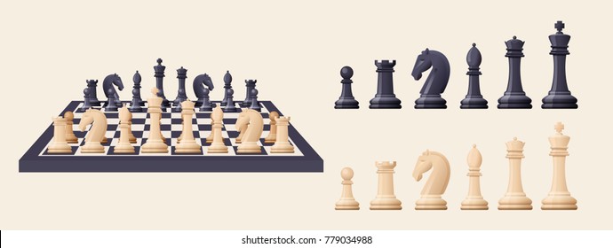 Black and white chess game pieces, figures on chess board. Logical tactical turn-based game, chess tournament, sport game, hobby and interests, highly intellectual occupation. Vector illustration.