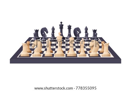 Black and white chess game pieces, figures on chess board. Logical tactical turn-based game, chess tournament, sport game, hobby and interests, highly intellectual occupation. Vector illustration.